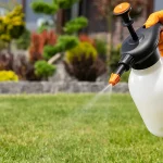 A person wearing orange protective gloves using a handheld white pump sprayer to apply liquid insecticide to a residential lawn.