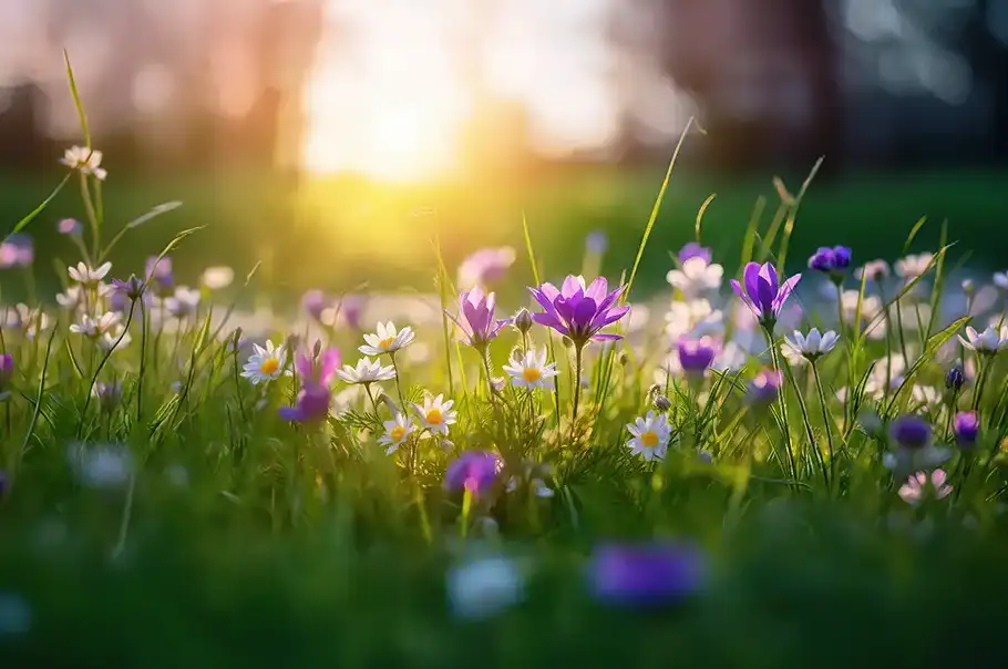 Purple and white wildflowers blooming in a lush green lawn during a warm spring sunrise.