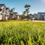Close-up of lush green grass in front of suburban homes