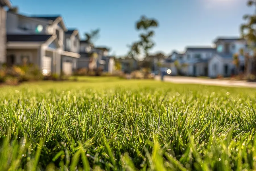 Close-up of lush green grass in front of suburban homes