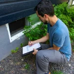 A pest control professional in a blue shirt kneels outside a house, filling out a Wood Destroying Insect (WDI) inspection report on a clipboard near the home's foundation.