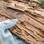 A detailed close-up of a heavily damaged, splintering wood plank with small worker termites visible inside the deep, crumbly channels they have eaten into the wood.