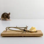 A live mouse in the background approaching a classic wooden snap trap baited with cheese, visually illustrating the common question: do mouse traps work?
